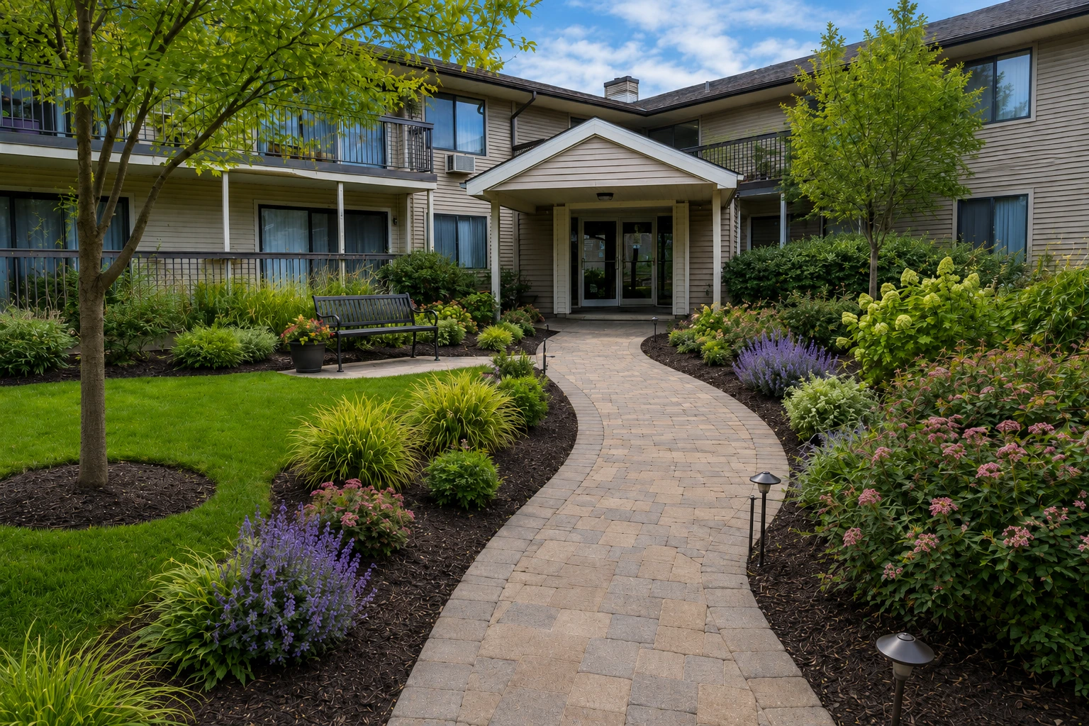 After: redesigned apartment courtyard with paver walkway and planting beds
